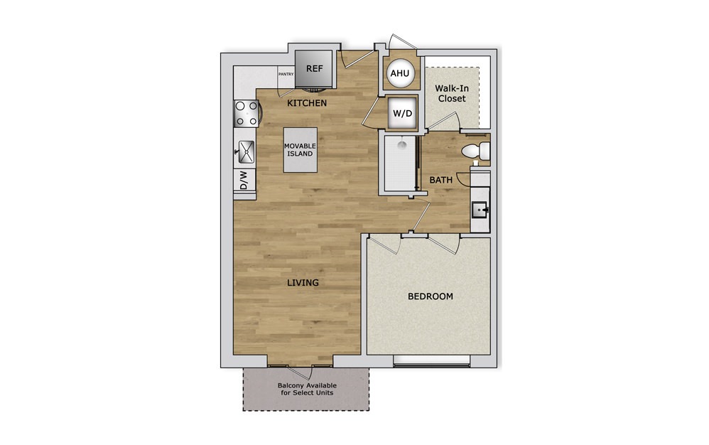 A2 - 1 bedroom floorplan layout with 1 bath and 721 square feet.