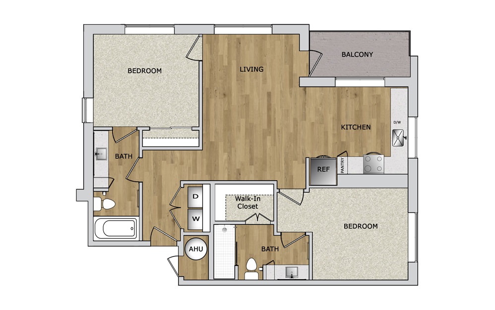 B2 - 2 bedroom floorplan layout with 2 baths and 1128 square feet.