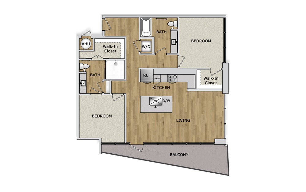 B3 - 2 bedroom floorplan layout with 2 bathrooms and 1263 square feet