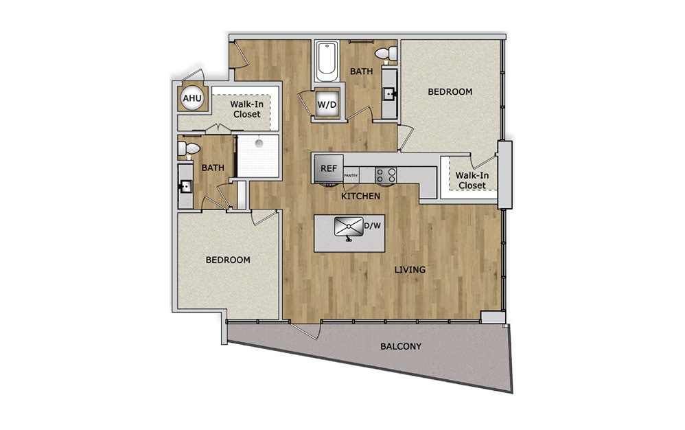 B3 - 2 bedroom floorplan layout with 2 baths and 1284 square feet.