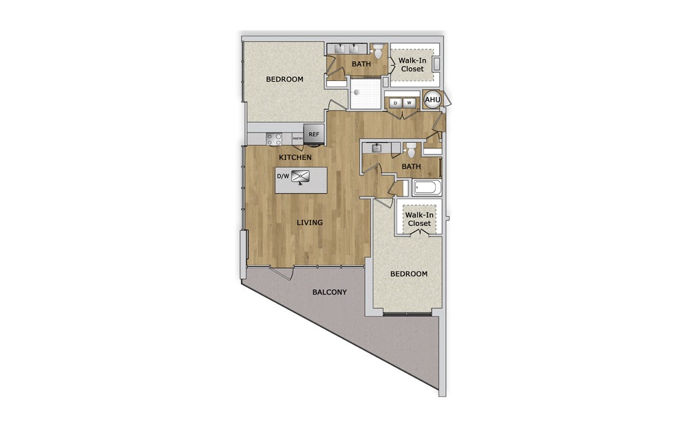 B4 - 2 bedroom floorplan layout with 2 bathrooms and 1372 square feet