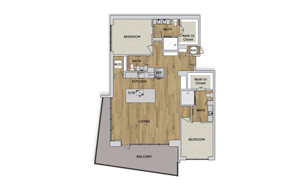B5 - 2 bedroom floorplan layout with 2 baths and 1642 square feet.