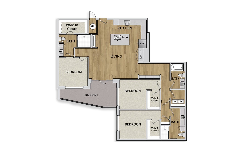 C1 - 3 bedroom floorplan layout with 3 baths and 1675 square feet.