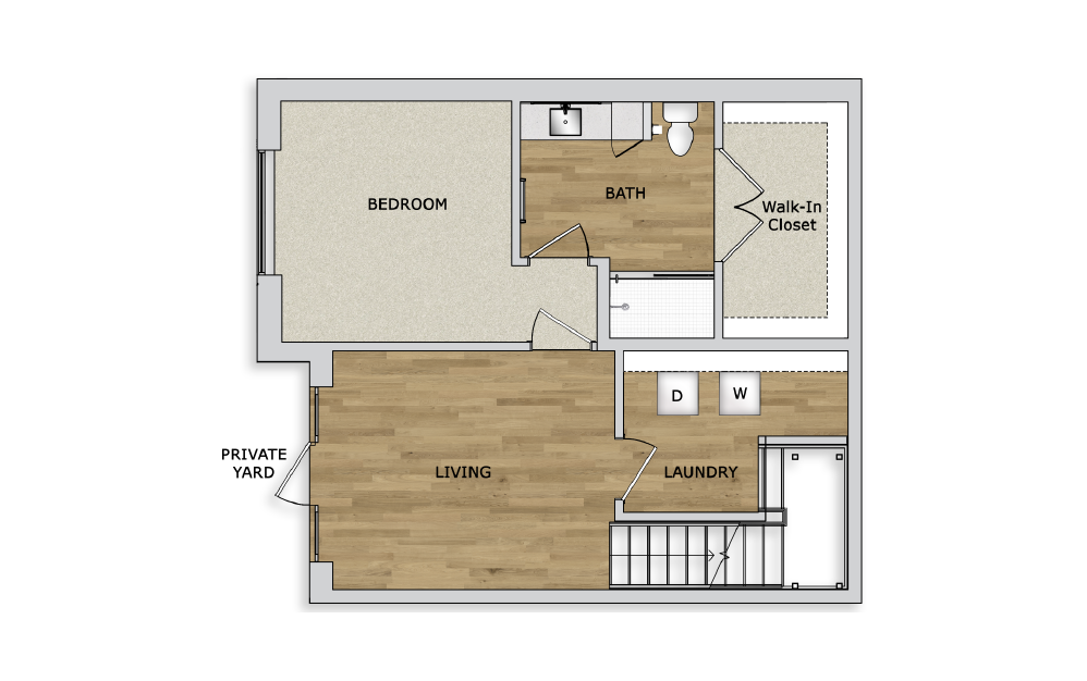 TH1B - 1 bedroom floorplan layout with 1.5 bath and 1362 square feet. (Floor 1)