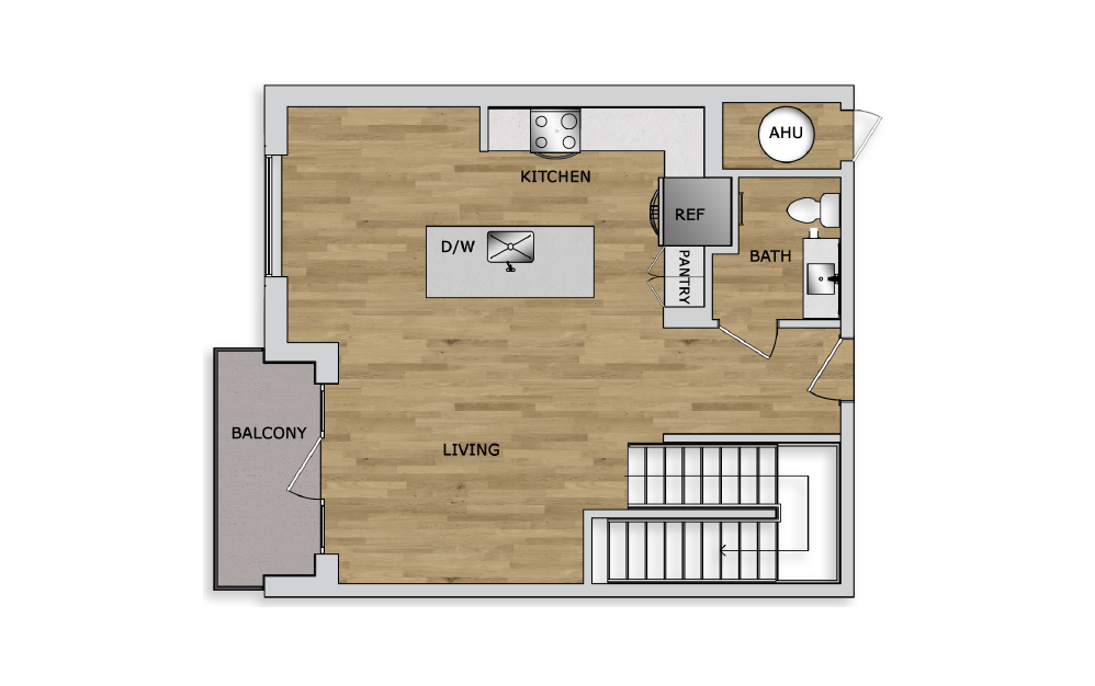 TH1B - 1 bedroom floorplan layout with 1.5 bathroom and 1362 square feet (Floor 2)